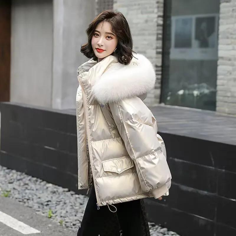 Winter Warm Duck Down Jacket Women's Clothes Glossy Fur Collar Thicken Parka Short Down Coat