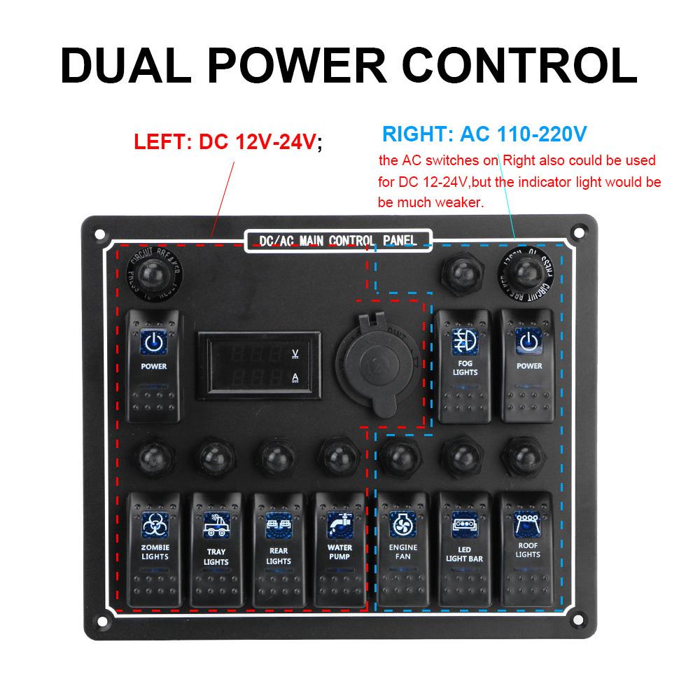 15A DC Output Rocker Switch Panel Overload Protection Dual Power Control Car Auto Marine LED AC/DC Waterproof 10 Gang