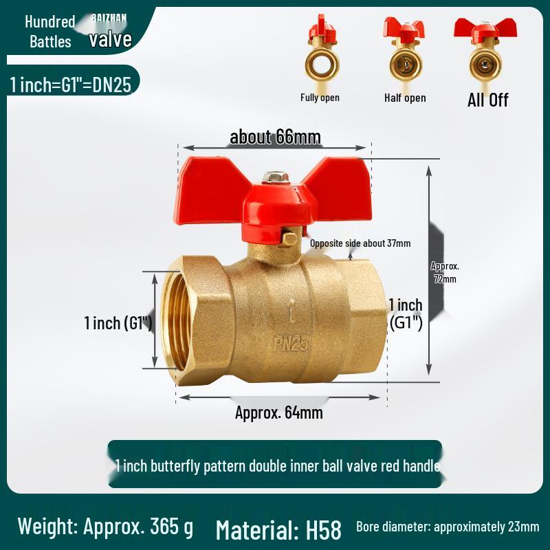 All-Copper Double Internal Thread Ball Valve for Water Heaters, Hot/Cold Tap, DN25, 4/6-Point, Straight Through, Thickened.