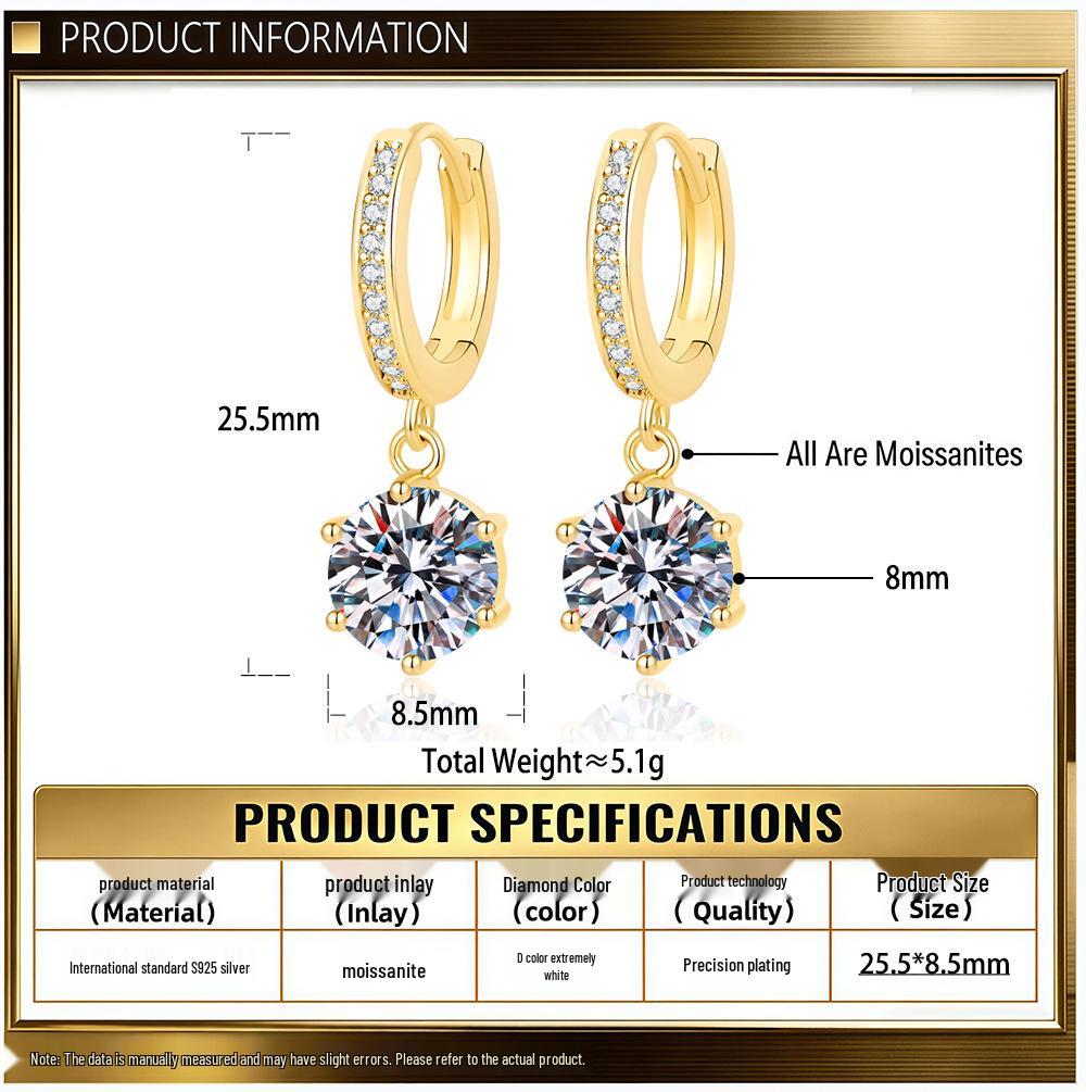 Sterling Silver Six-Prong Moissanite Dangle Earrings for Women: High-End, Fashionable, Versatile Design