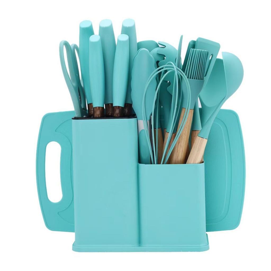 19-Piece Non-Stick Kitchenware Set: Silicone Spatula & Spoon with Wooden Handles + Knife Set In Stock