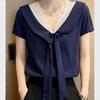 FALINDA STUDIO French V-neck Lace Splicing Short-sleeved T-shirt Women's Summer New Fake Two-piece Top