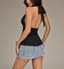 Spicy Style Black Halter Neck Backless Camisole with Pleats & Rivet Accents