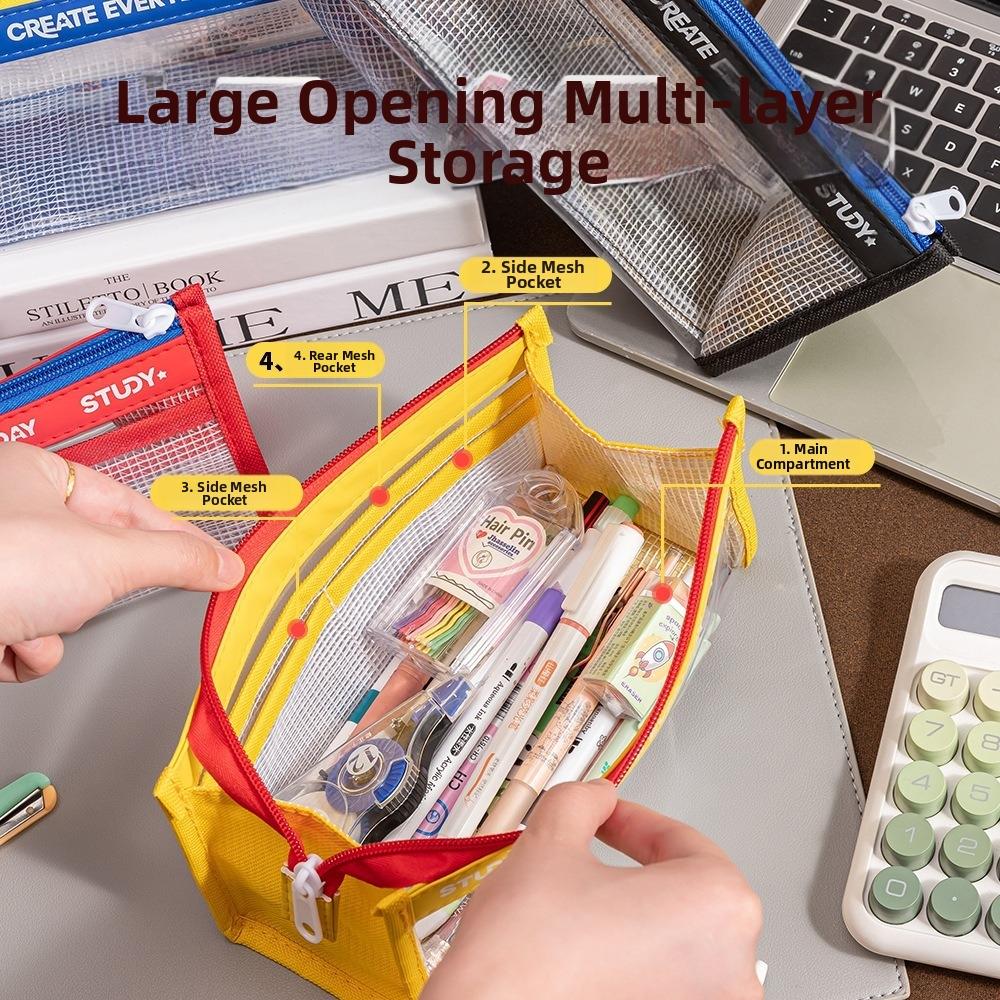 Multiple Layers Transparent Pencil Case Dirt-resistant Waterproof Zipper Pencil Box Clear Large Capacity Makeup Brush Bag