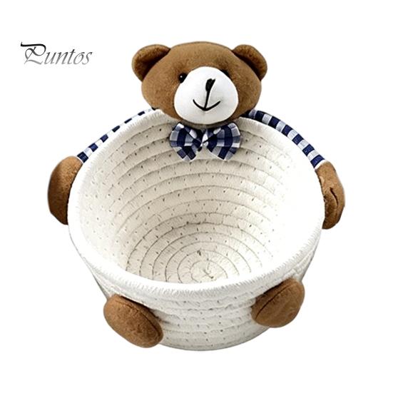 Gentle Color Storage Basket Desktop Basket, Cartoon Plush Bear And Rabbit Rope Decorative Plaid Bow Organizer Shape, Woven for Small Items Jewelry