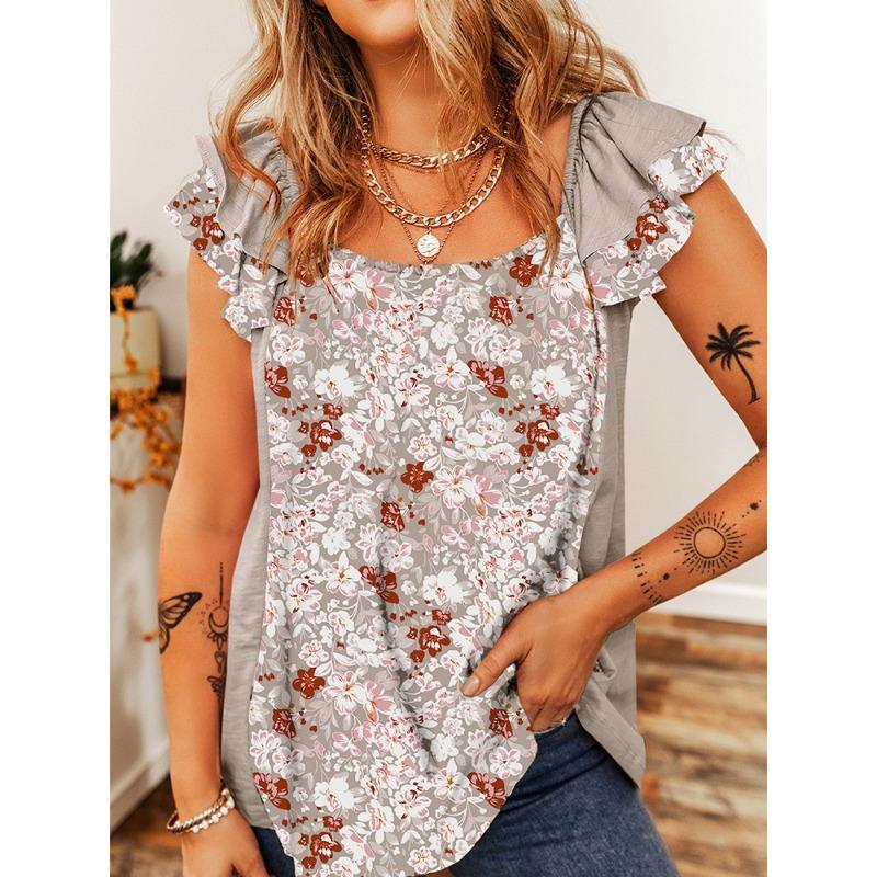 Women's Fashion Casual Flower Pattern Print Summer Spring Short Sleeve Square Collar Blouses  Shirts