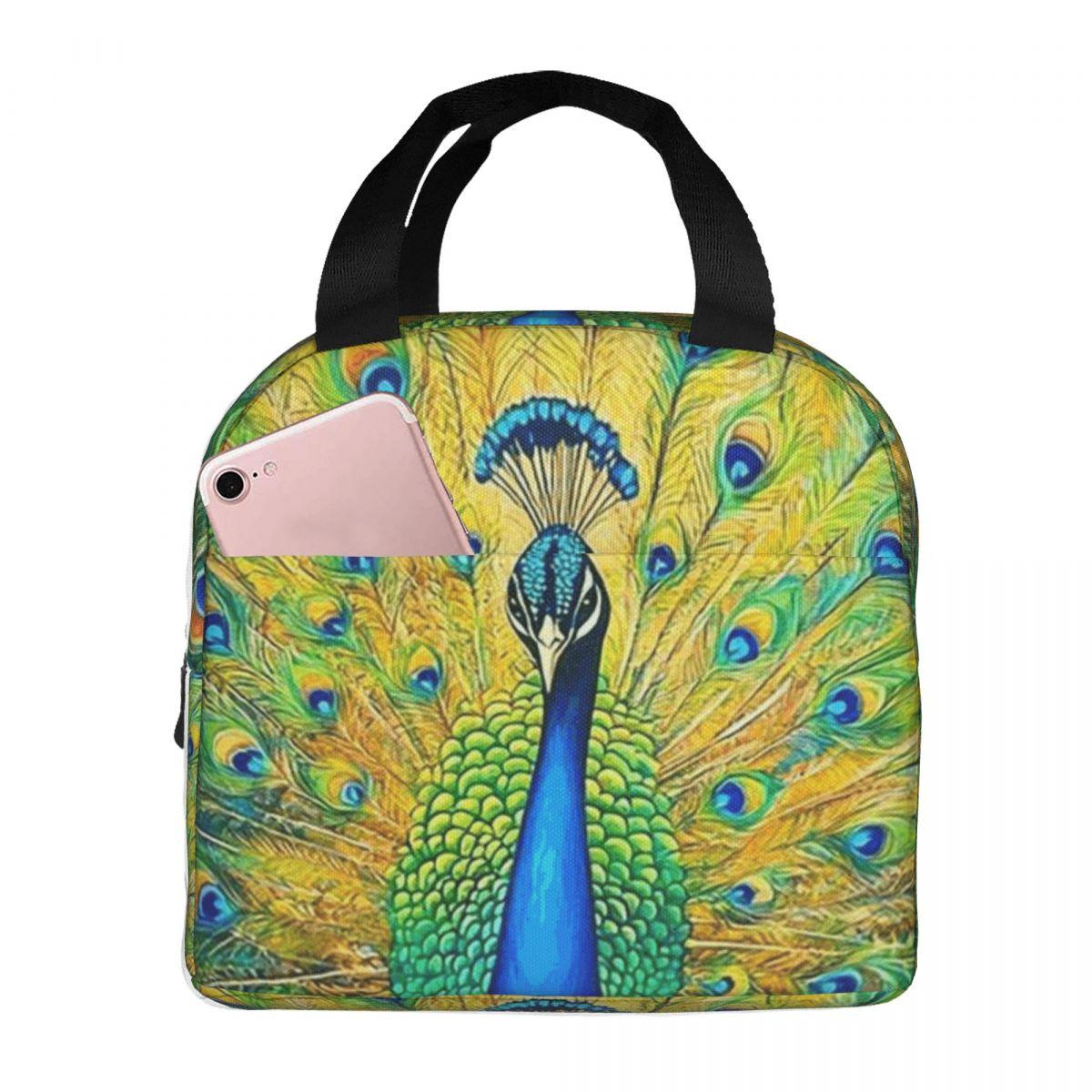 Colorful Peacock Feather Insulated Lunch Bag for Women Children Portable Food Boxes Thermal Lunch Box Tote One Size