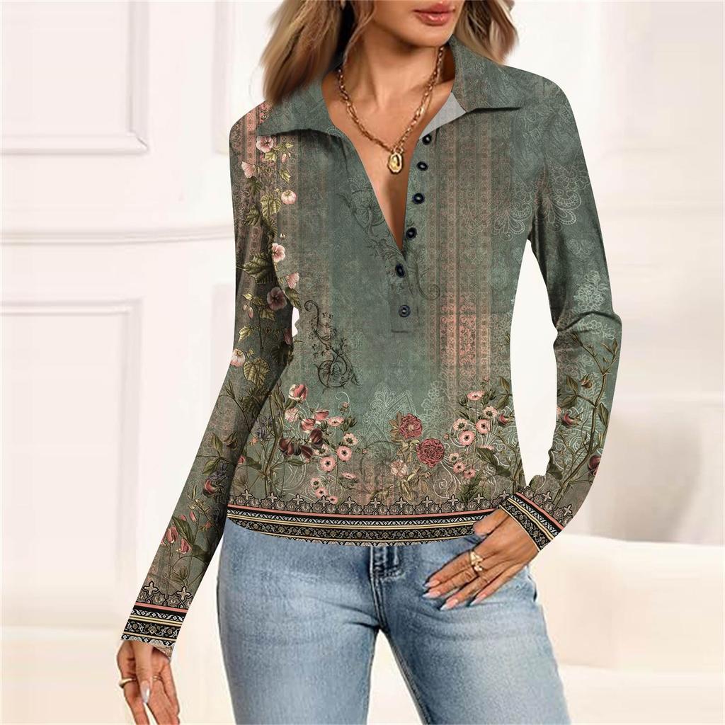 Women's Fashion Casual Printed V-Neck Long Sleeve Button-Down Top