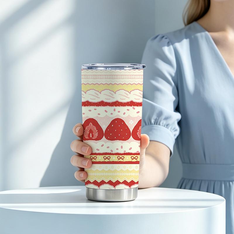591ml Car Tumbler(1 Random Straw Included)Stripe Lace Strawberry Bow MotifCar Cup Steel Straw Cup Creative Gift Cup 591ml Car Tumbler