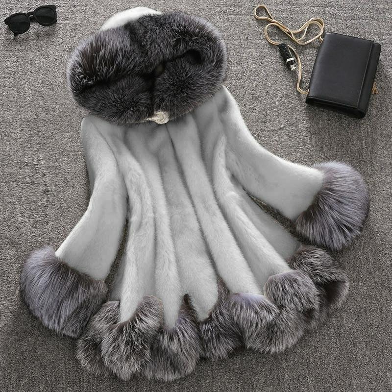 Autumn and winter fur coat women's mid-length coat mink fleece fox fur collar imitation fur ladies Plus size