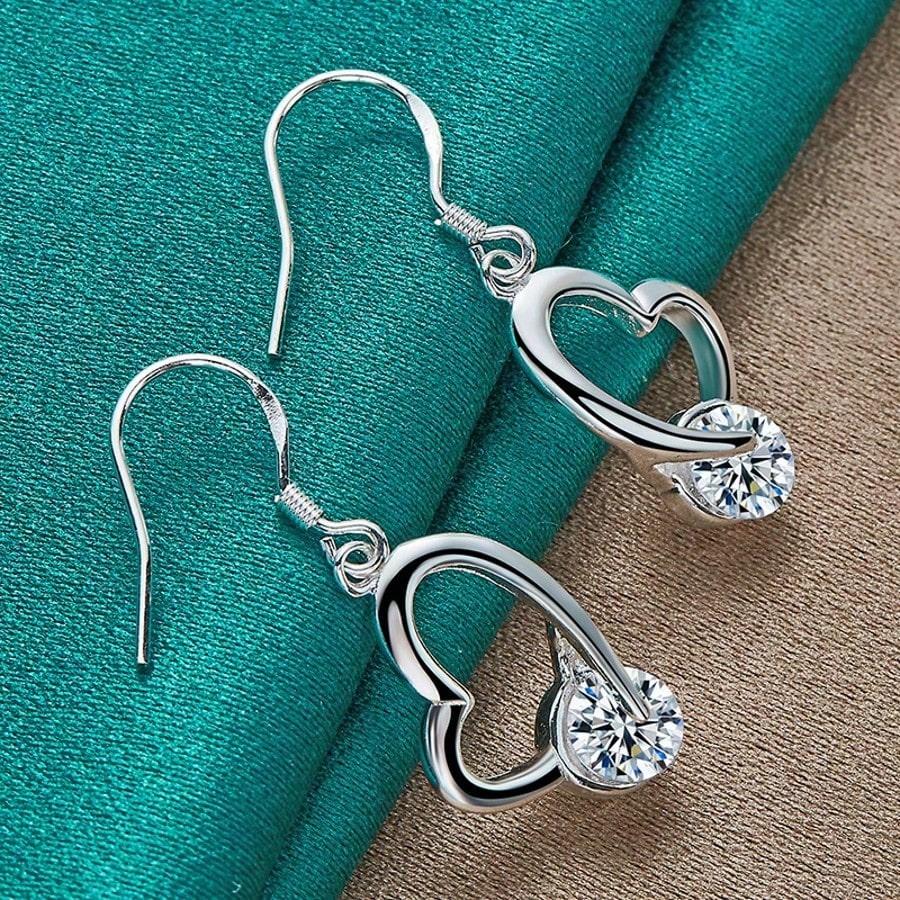 Sterling Silver Plated Heart Zirconia Earrings Eardrop For Women Charm Wedding Engagement Fashion Jewelry