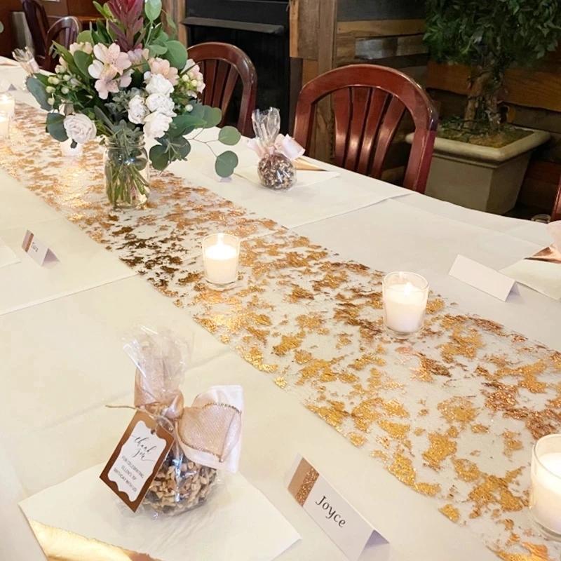 Metallic Gold Table Runner Sequin Glitter Thin Mesh Roll Tablecloth For Wedding Event Birthday Party Decoration Christmas Table
