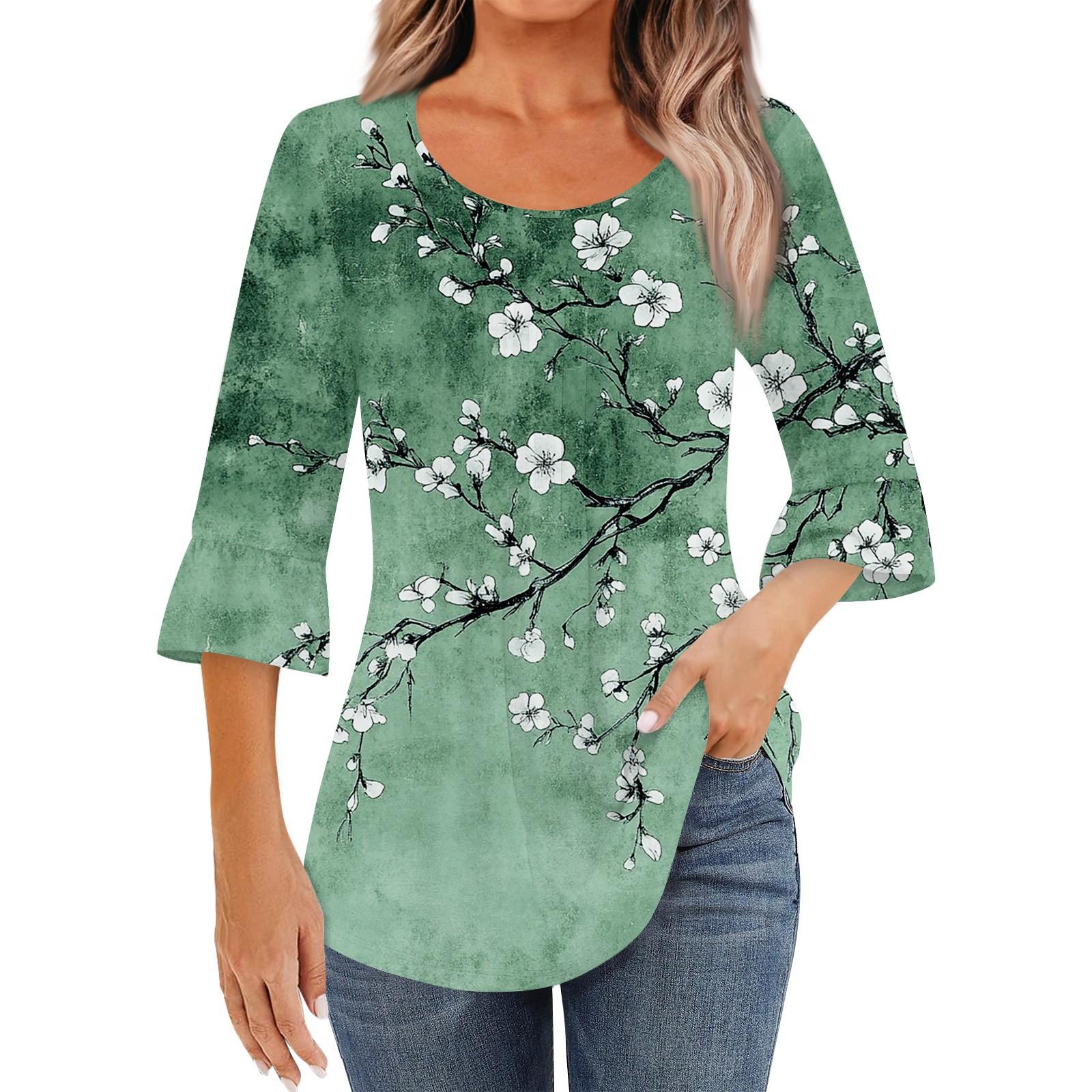 

Женская модная повседневная плиссированная футболка с круглым вырезом и цветочным принтом, рукав три четверти L армия зеленый