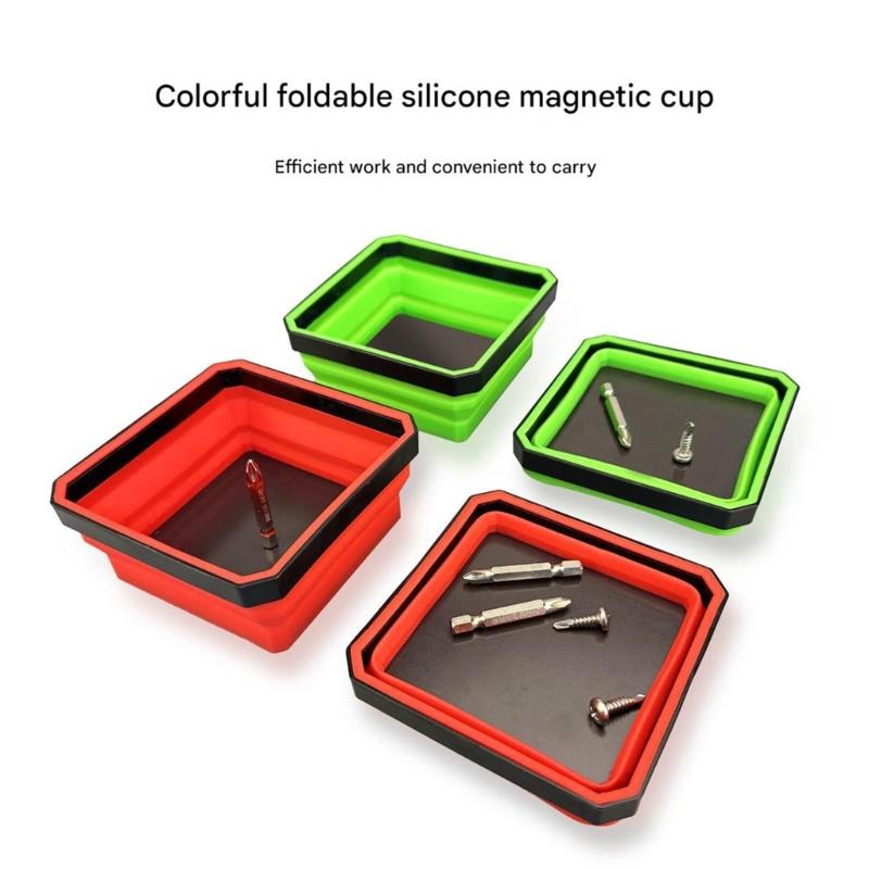 Space Saving Foldable Silicone Magnetic Tray Dish Organizer For Automotive Repair Tool And Hardware With Strong Grip