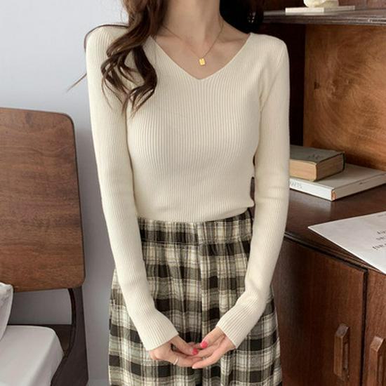 

Женский облегающий трикотажный свитер с V-образным вырезом: Модный, с длинными рукавами, теплый для осени и зимы S абрикосовый