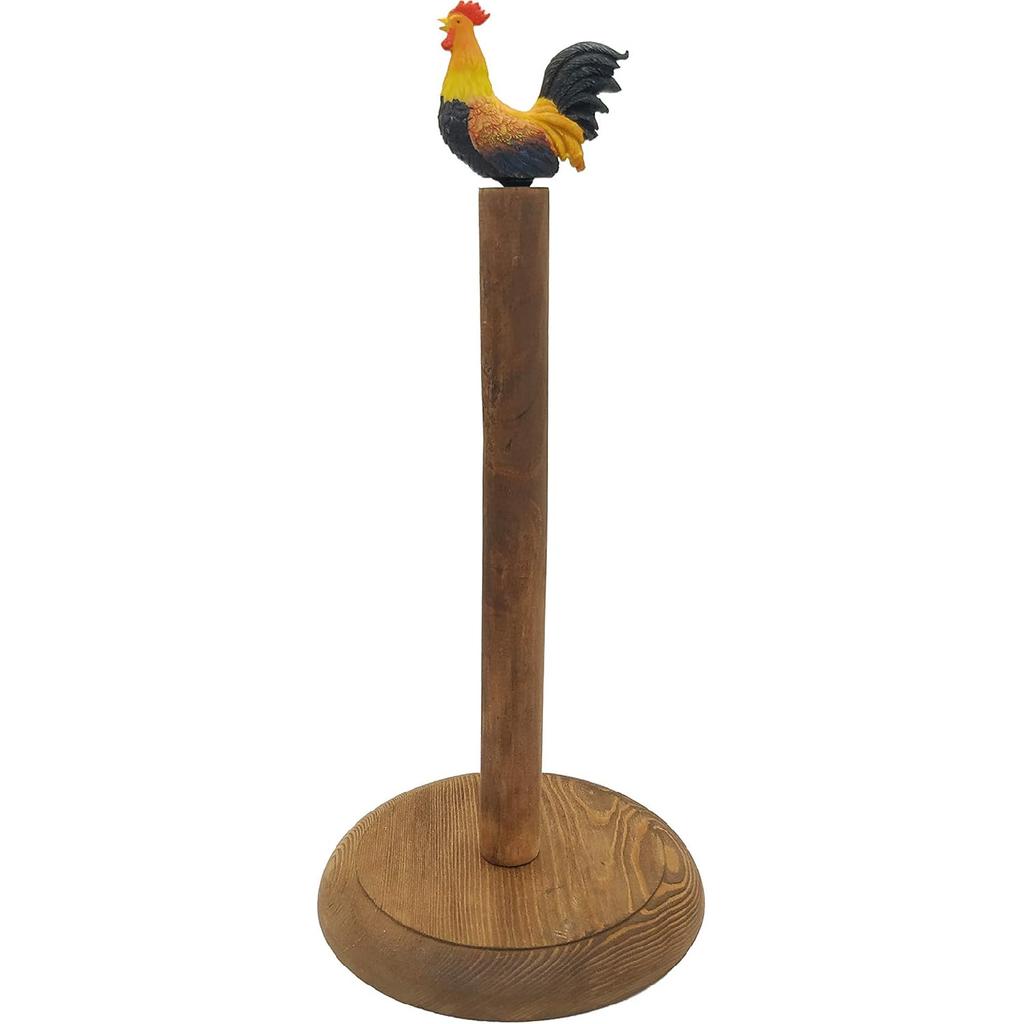 Rooster Design Rustic Brown Wood Paper Towel Holder Stand Up Paper Towel Holder, Easy One-Handed Tear Kitchen Paper Towel Dispenser with Weighted