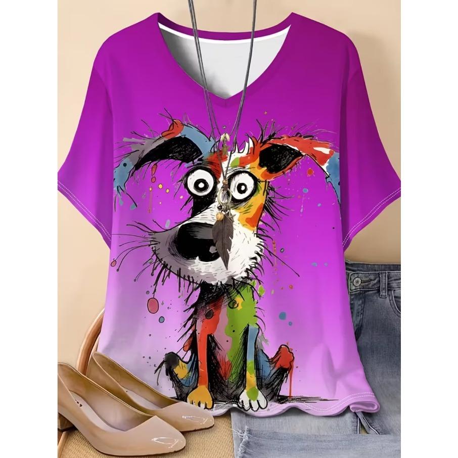 XL-7XL Plus Size Women's Men Animal Dog Casual 3D Print Loose V Neck Short Sleeved T-shirt Top