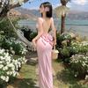 Pink Bow Sexy Backless Camisole Dress Goddess Summer Slim Hip Seaside Vacation Dress