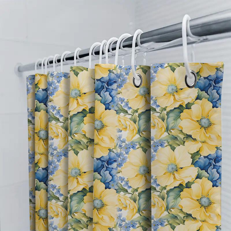Floral Pattern Shower Curtain Bright Blue Yellow Floral Print for Bathroom Decor Machine Washable Water Repellent Fabric