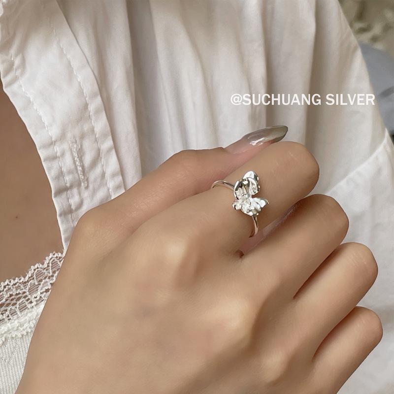 Su Chuang S925 Sterling Silver Adjustable Flower Ring for Women - Sweet, Luxurious, Minimalist Style