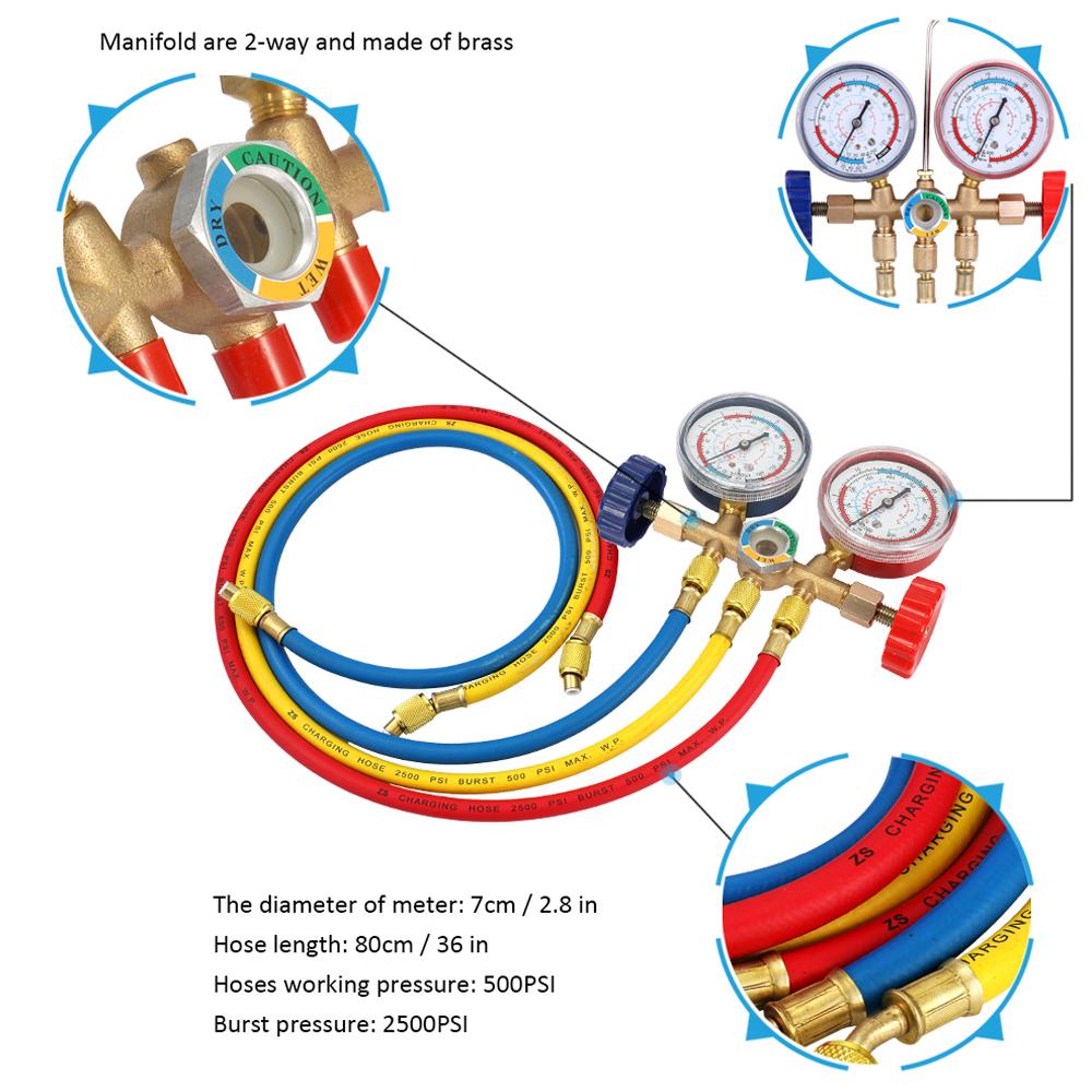 Gauge Measurement Tool Refrigerant Manifold Gauge Air Conditioning Refrigerant Charging Hoses with Gauge for R12 R22 R404A R134A