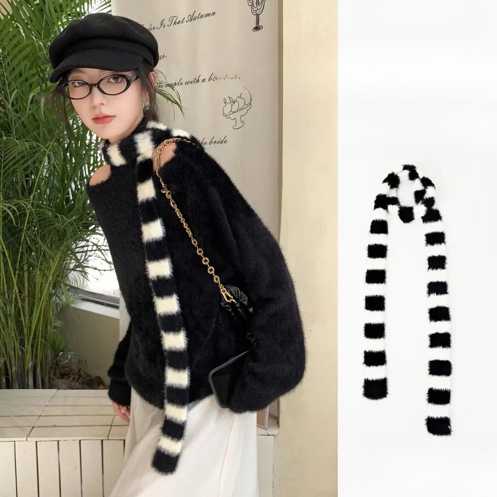 Y2K Girls Knitted Striped Scarf Winter Warm Neck Slim Women Long Scarves Fashion Streetwear Skinny Scarf Decorative Neckerchief