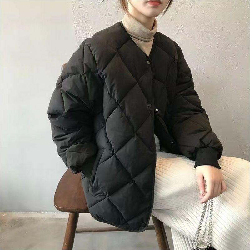 Damen Herbst Winter Einfarbig Diamantmuster Kragenlos Rundhals Mode Kurze Baumwollwattierte Jacke Leichter Baumwollmantel Oberbekleidung
