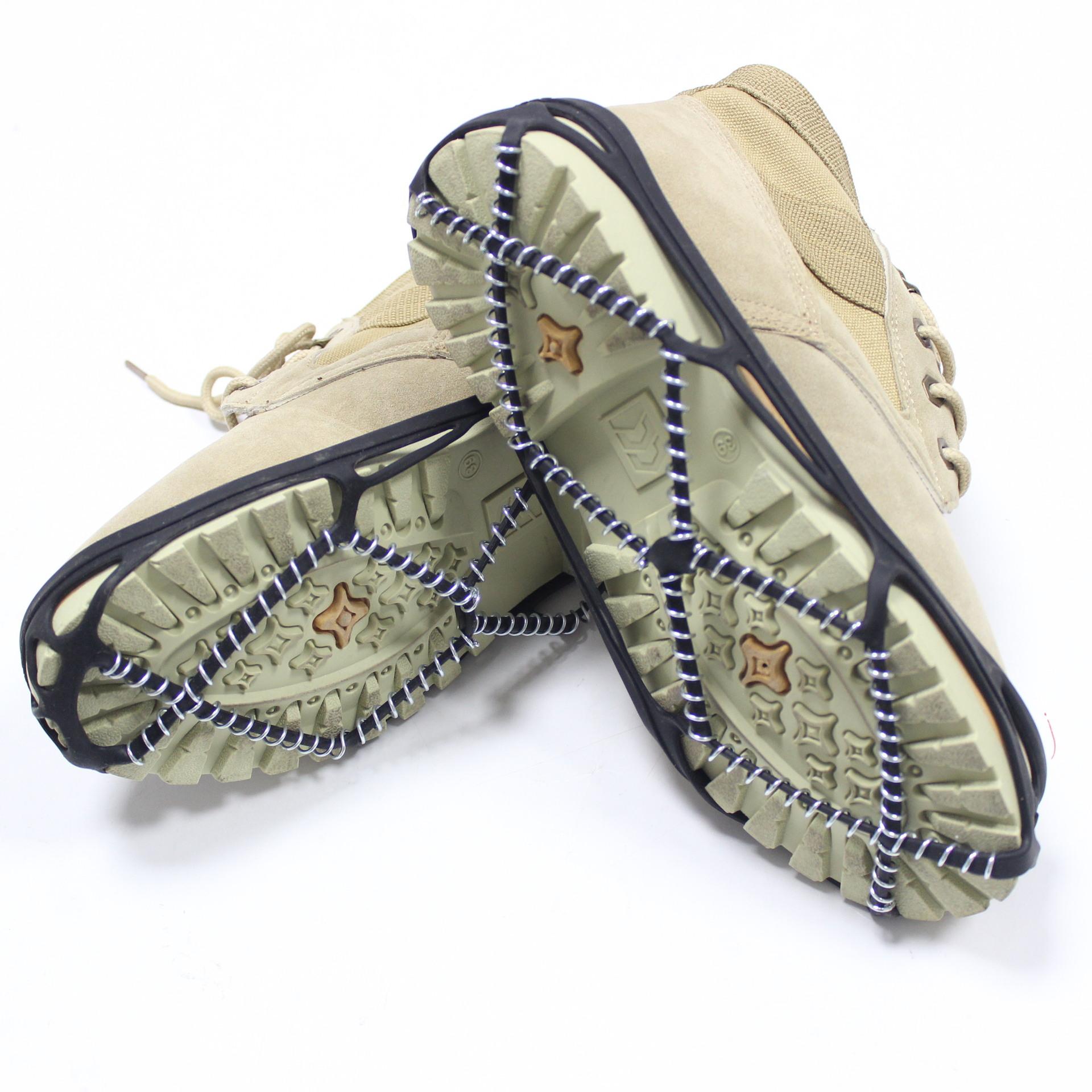 

1 пара черных резиновых нескользящих ботинок с белой цепью для пеших прогулок и альпинизма, кошки для обуви, ледоступы