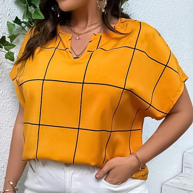 

GMXIA женские модные повседневные летние блузки и рубашки большого размера в клетку с короткими рукавами и воротником-стойкой 5XL жёлтый