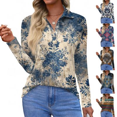 Koszula damska z krótkim rękawem i nadrukiem, zapinana na guziki, modna, swobodna, z klapami