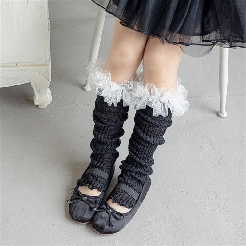 Breathable Cotton Lace Socks for Kids Age 3-13 Years Soft & Comfortable Elastic Leg Warmer with Dot Tulle