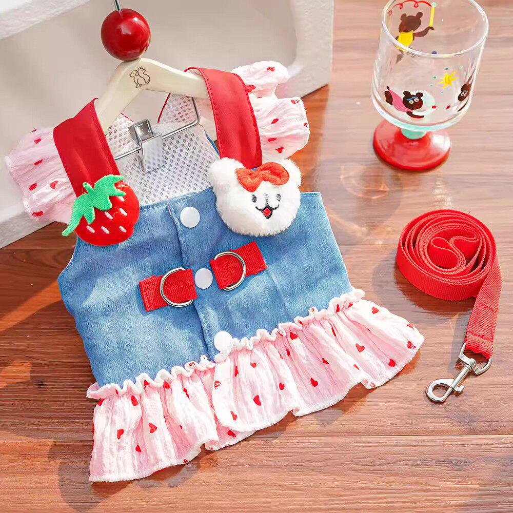 Denim Teddy Bichon Puppy Clothes for Small Dogs - Cute Leashed Harness, Autumn/Spring Style