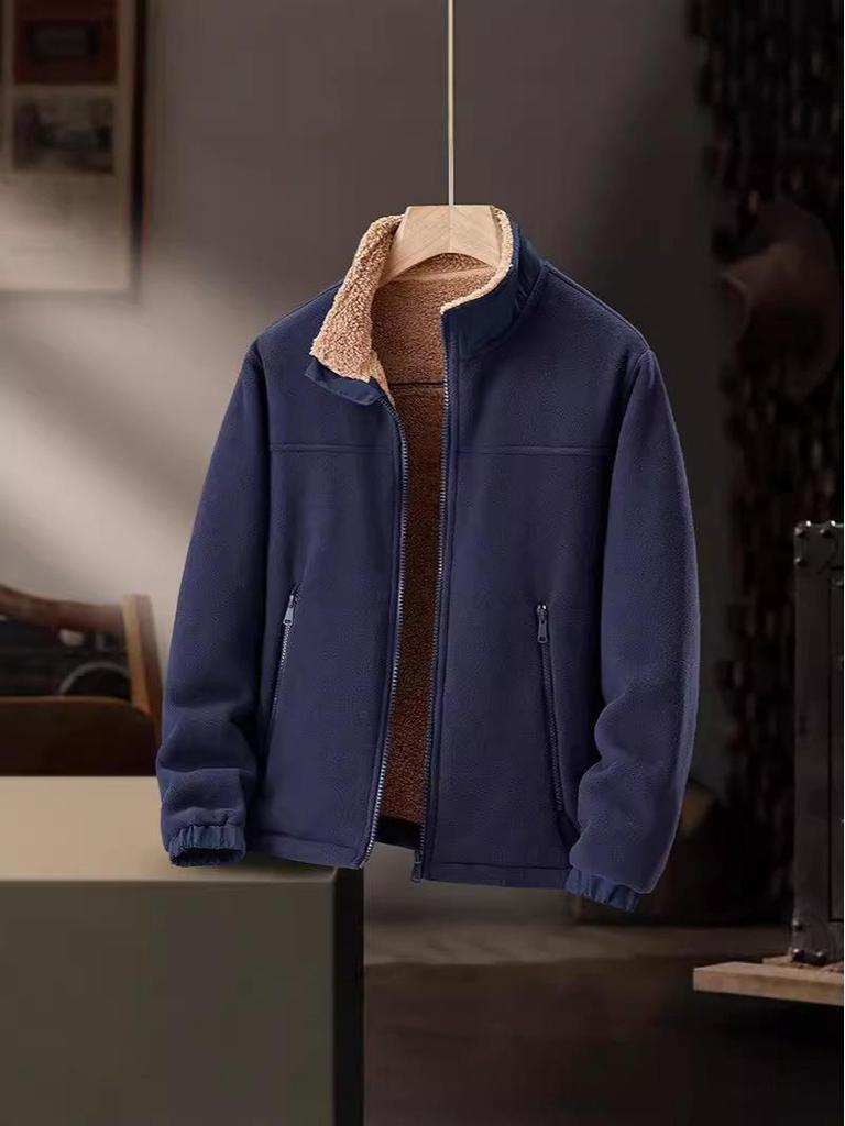 2025 Men's Stand Collar Fleece Jacket for Autumn/Winter - Solid Color, Extra Warmth, Ideal for Middle-aged and Elderly