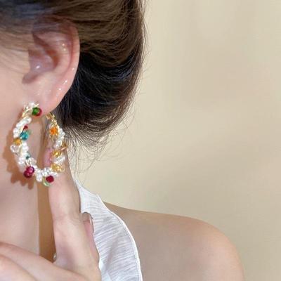 Colorful Dopamine Hoop Earrings For Women  Wrapped Beaded Earcuffs Large Circle Earrings Unique Chunky Threader Ear Jewelry