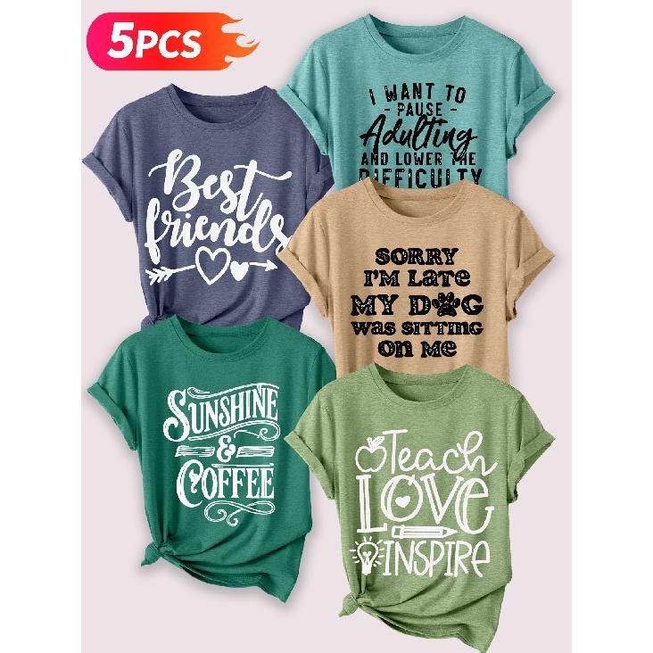 Lele Orientation Five-piece set for women T Shirt Simple English phrases with healing handwritten text and vintage print Spring, Summer, Autumn