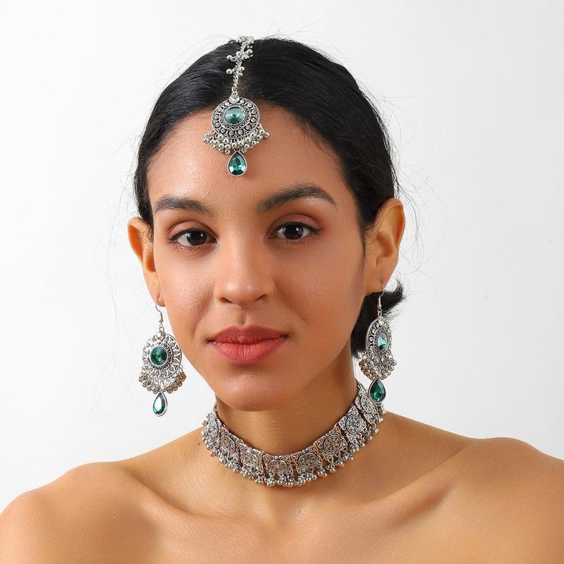 Diamond-encrusted Round Tassel Earrings NecklaceHair ChainThree-piece Set Retro Forehead Chain