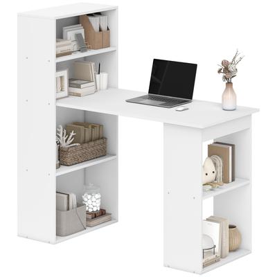 120cm Computer Desk, Wooden PC Laptop Table with 6-Tier Storage Bookshelves, Home Office Working Study Desk, Writing Workstation, White