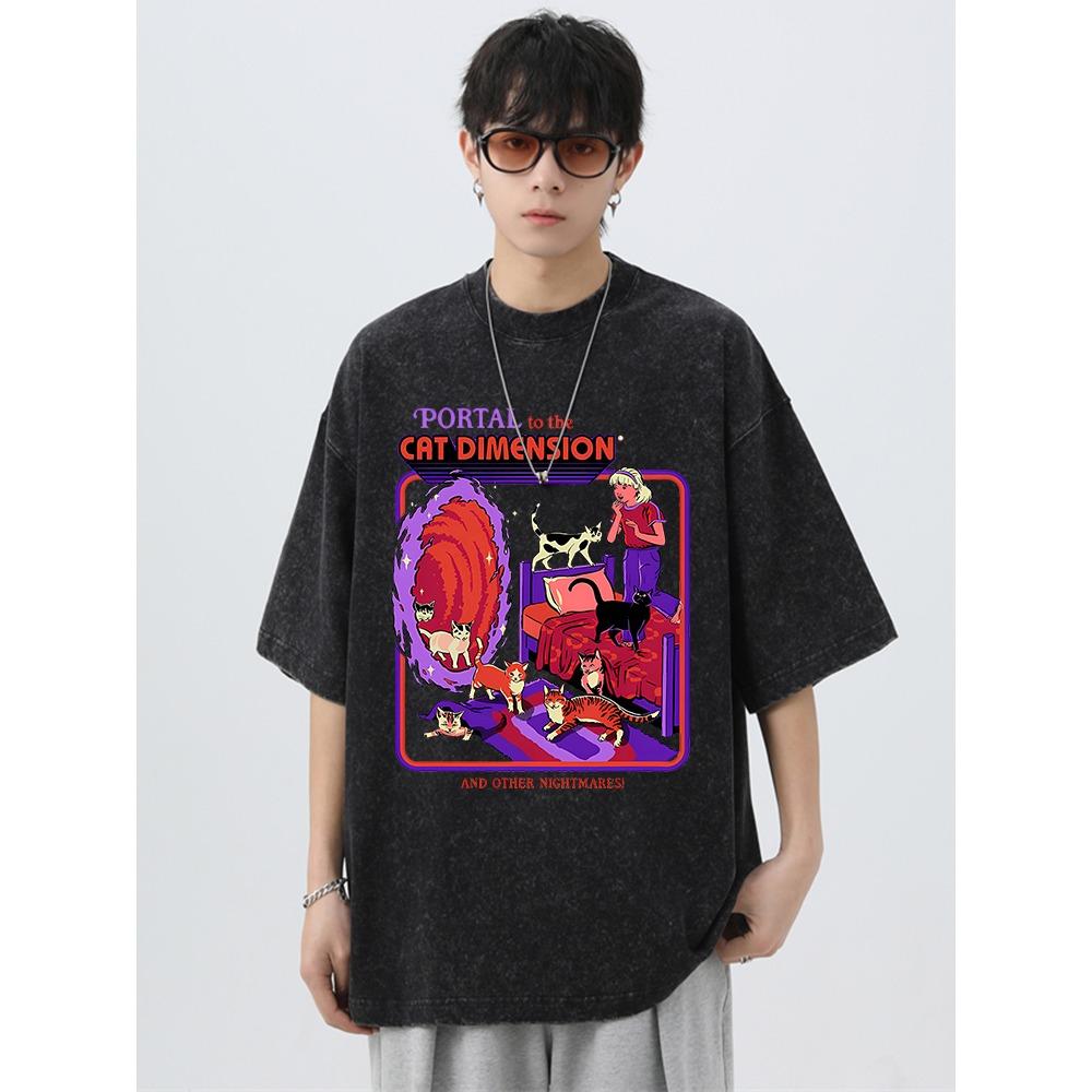 Portal To The Cat Dimension Print Washed Retro Men Tshirt Summer Loose Cotton T Shirt Breathable Clothes Oversize