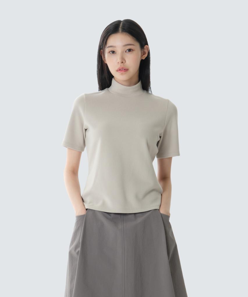 SNOWPEAK APPAREL Ribbed Women'S Mock Neck Short Sleeve T-Shirt (S26Fwfts31) Light Beige