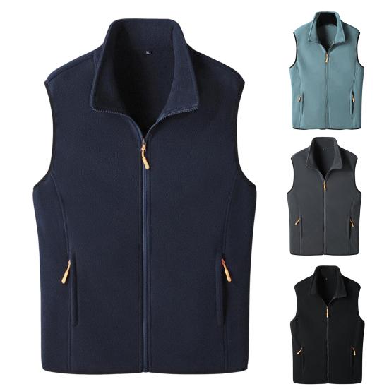 Men Winter Vest Stand Collar Solid Color Zipper Pockets Polar Fleece Cardigan Keep Warm Casual Style Winter Jacket Men Vest Coat for Fishing Hiking
