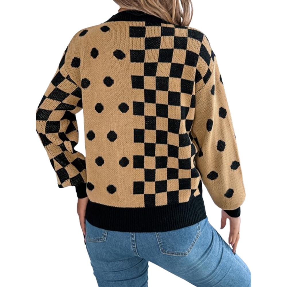 Womens Knitted Sweater Crew Neck Long Sleeve Sweatershirt Loose Dot Checkered Pullover Jumpers