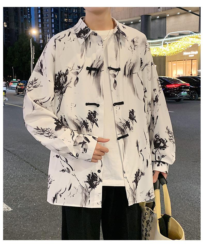 New Chinese style shirt, men's artistic long sleeved ink printed button down shirt, handsome men's Tang suit