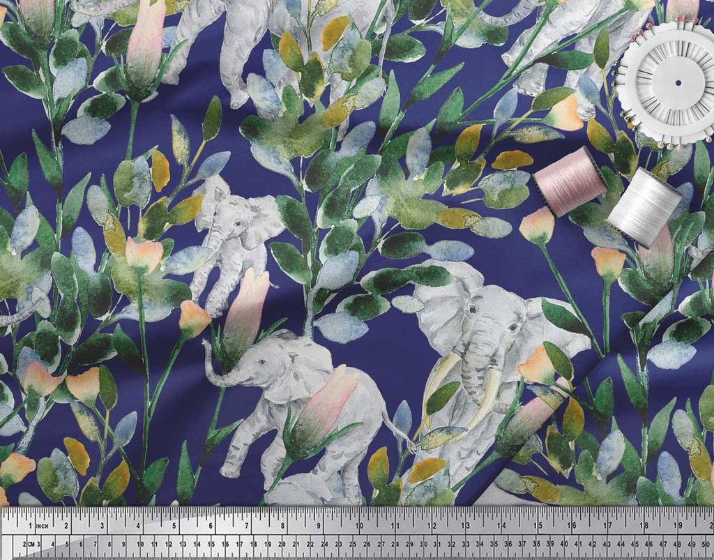 Soimoi Japan Crepe Satin Fabric Leaves,Floral & Elephant Animal Printed Craft Fabric by the metre 42 Inch