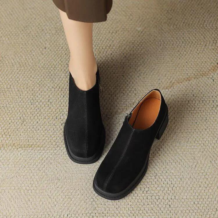 Retro round Toe High Heel Ankle Boots Women's Spring Autumn Frosted Leather Deep Mouth Single Shoes Comfortable Flat Heels