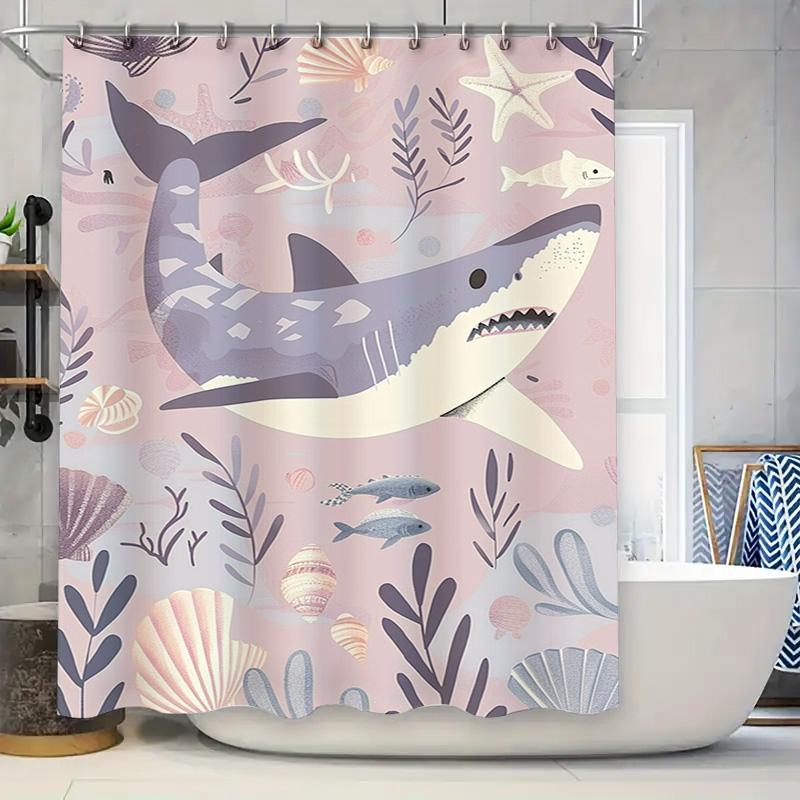 

Swimming With The Sharksunderwater Ocean Decor Shower Curtain Featuring Fins Seashells In Lavender Blue Waterproof Fabric For Ba W60H190(CM)-1 Pcs