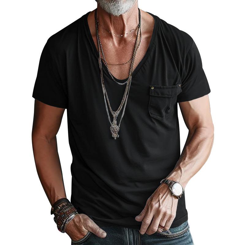 Men's Pocket T-shirt Clothing V-neck Solid Color Plus-size Casual Short-sleeved T-shirt