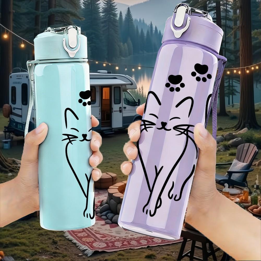 1PC Simple Cat Line Art 750ml Color Plastic Sports Water Bottle Leakproof Flip Straw Lid Suitable for Sports Office Home Use