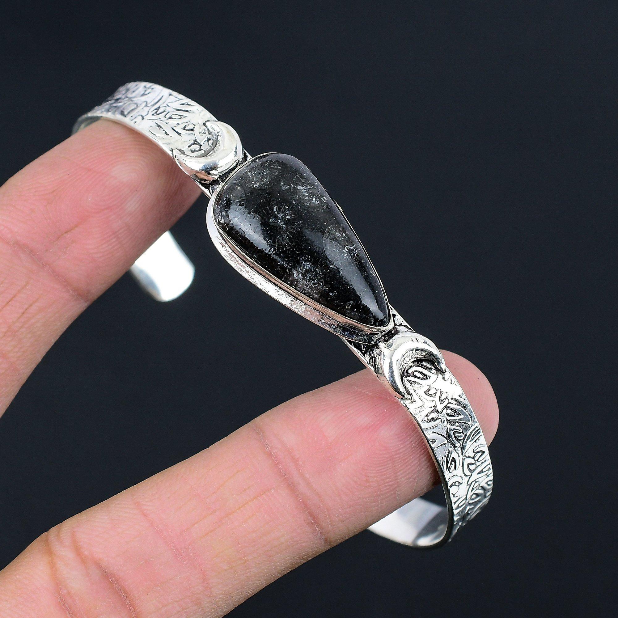 

Черный ископаемый коралл драгоценный камень стерлинговое серебро полумесяц браслет-манжета для жены Adjustable