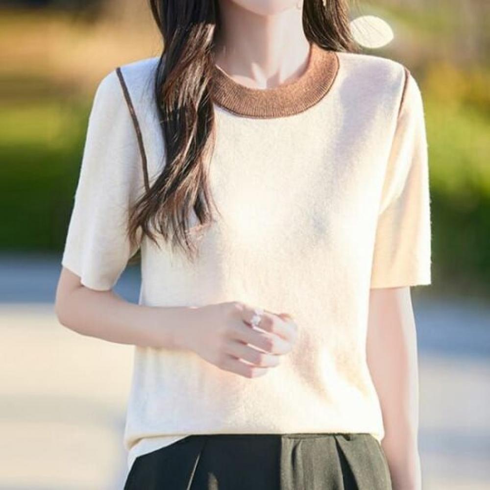 Navava Women Simple Daily Color Block Round Neck Short Sleeve Knit Top Nk2967