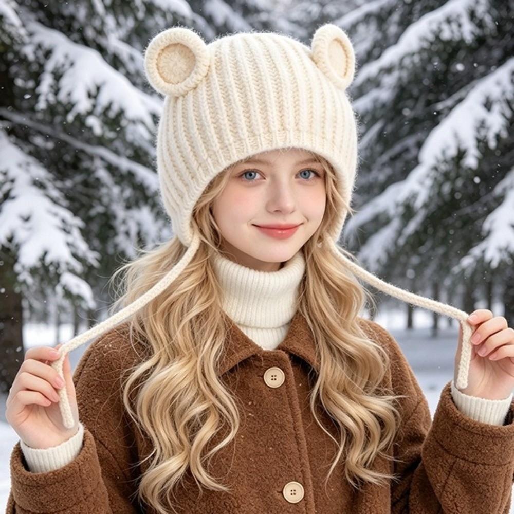 Thicken Ear Protection Hat Keep Warm Overhead Cap Fashionable Bear Ear Knitted Hat  Adult